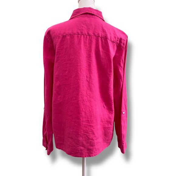 Talbots Top Womens Large Pink 100% Linen Button Up Roll Tab Long Sleeve Classic - Picture 3 of 13